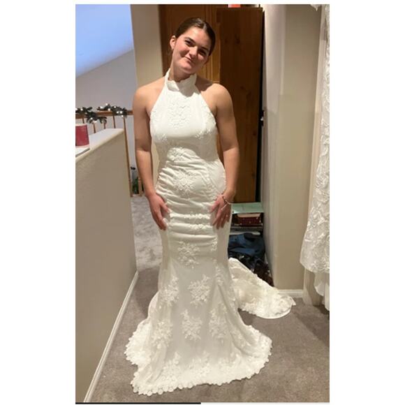 Lulus Glamour White Embroidered Halter Mermaid Maxi Dress Size M NWT - Picture 11 of 15